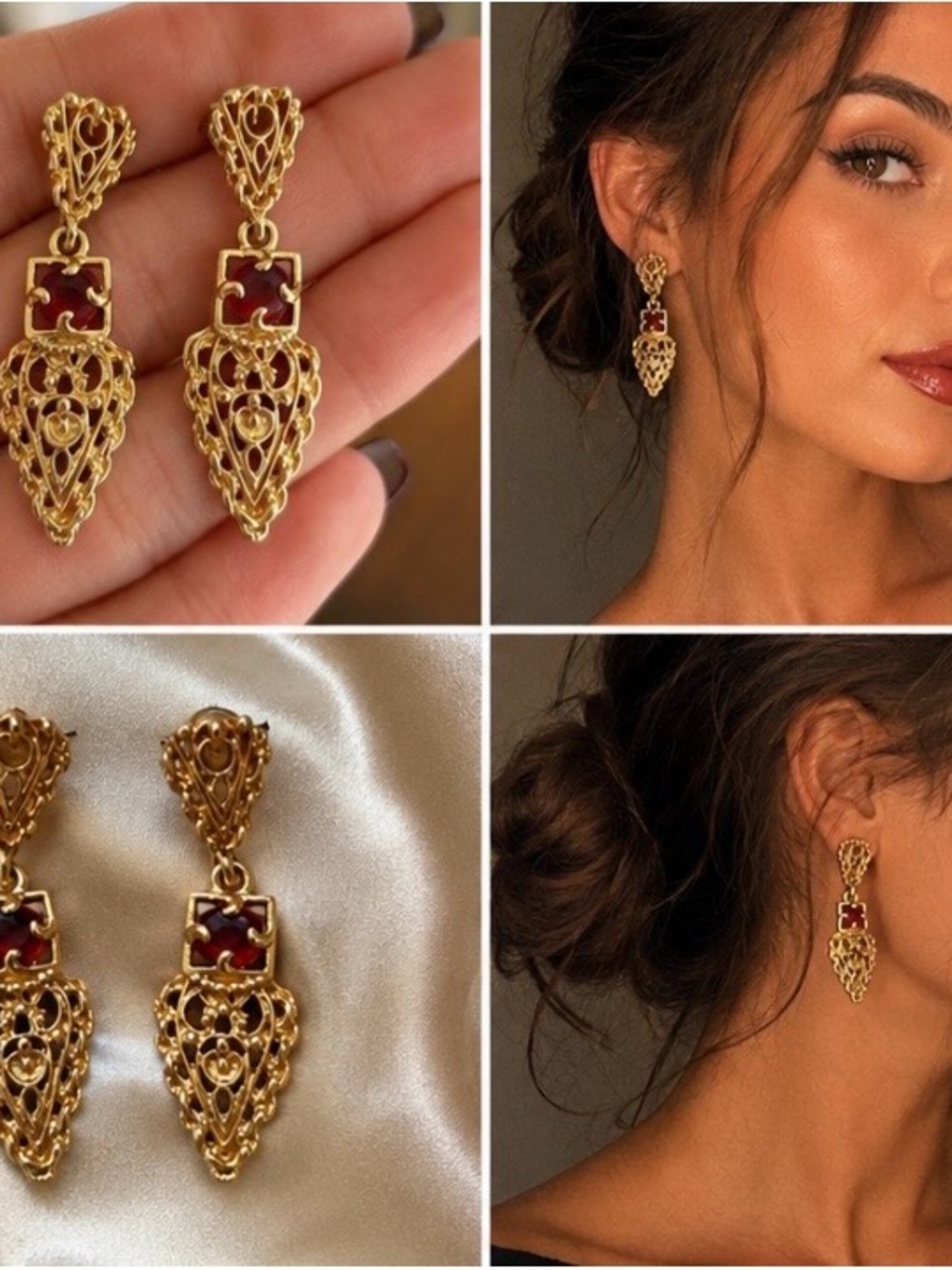 Vintage Ornate Victorian Style Gold Tone Filigree Ruby Red Gem Dangle Earrings